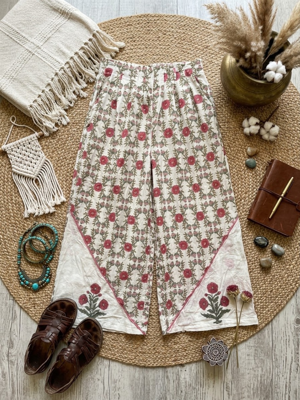 Anthropologie POL Poppy Peony Block Print Wide Leg Cotton Pants S Floral Prarie